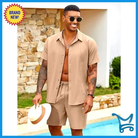 Men's 2 Piece Cuban Guayabera Shirt & Shorts Summer Beach Vacation Set